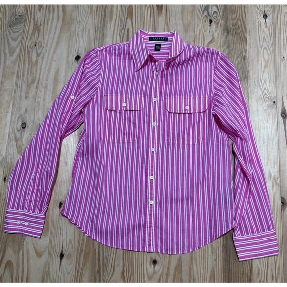 Lauren Ralph Lauren Shirt Womens Pink White Stripe Button Up Roll Tab Sleeves S - Picture 4 of 6